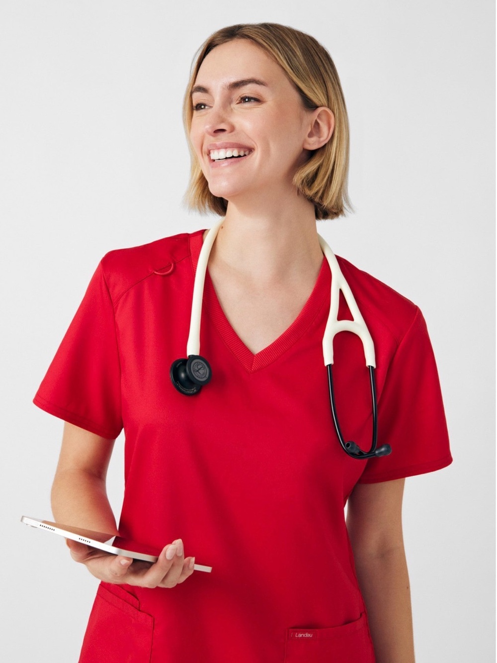 NWT Landau ProFlex 3-Pocket V-Neck Rib Knit Scrub Top Women L True Red